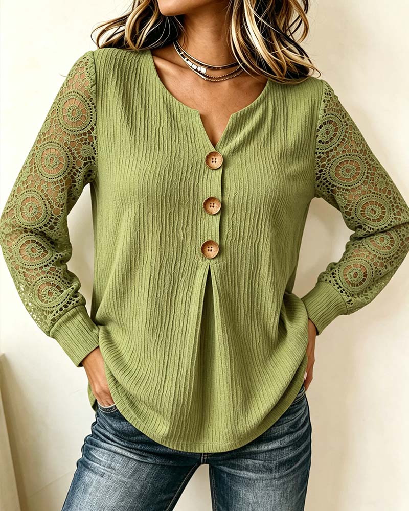 V-Neck Button-Down Long-Sleeved Blouse