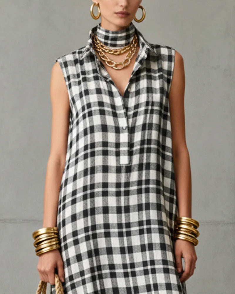 Sleeveless Buttoned Plaid Dress