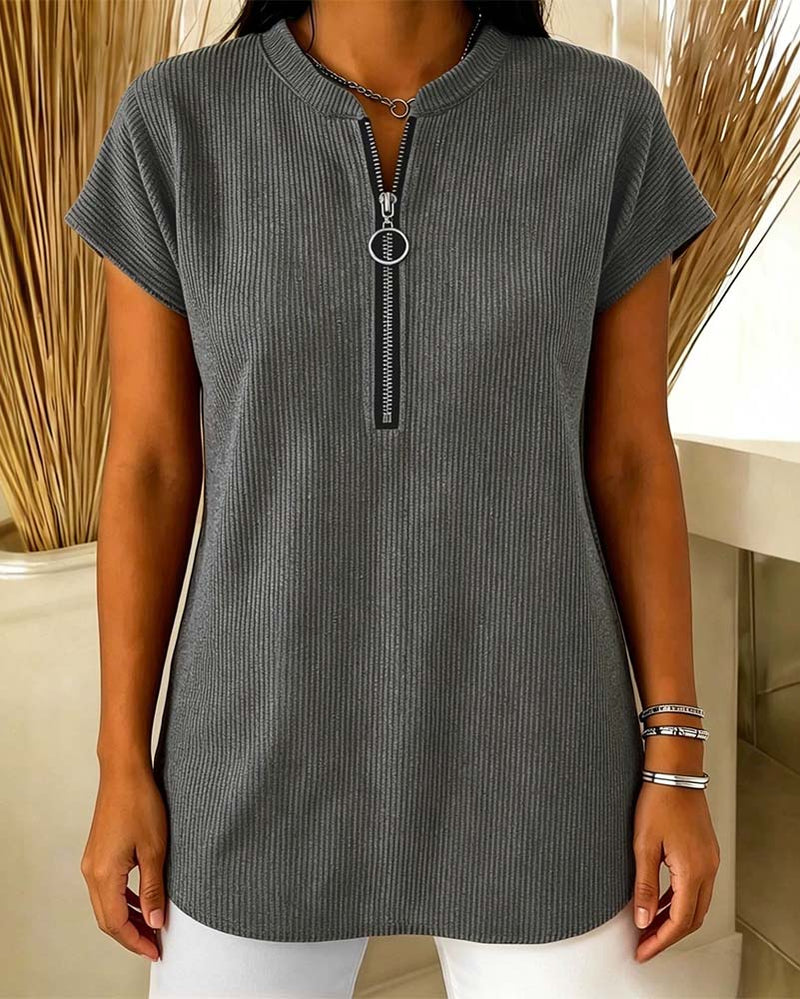 Solid Short Sleeve Zip Blouse