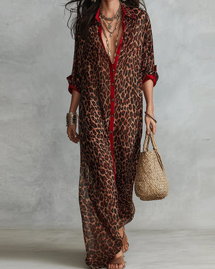 Lapel Leopard Color-Block Dress