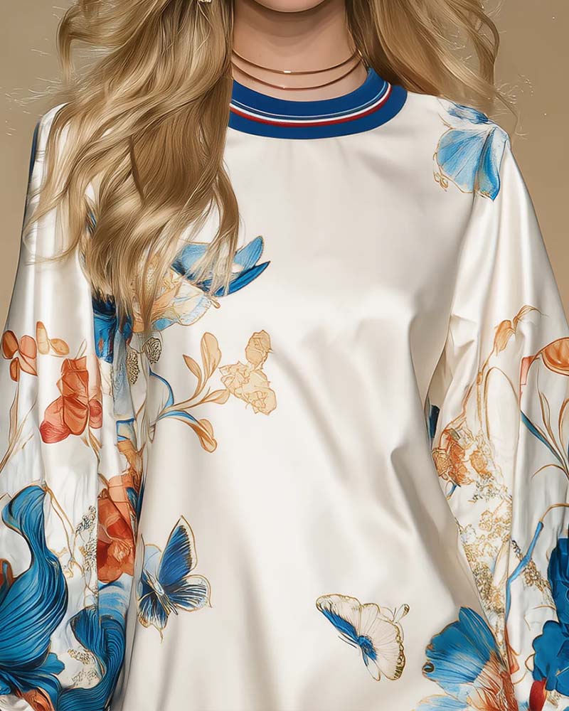 Puffed Sleeve Color-Block Print Dress