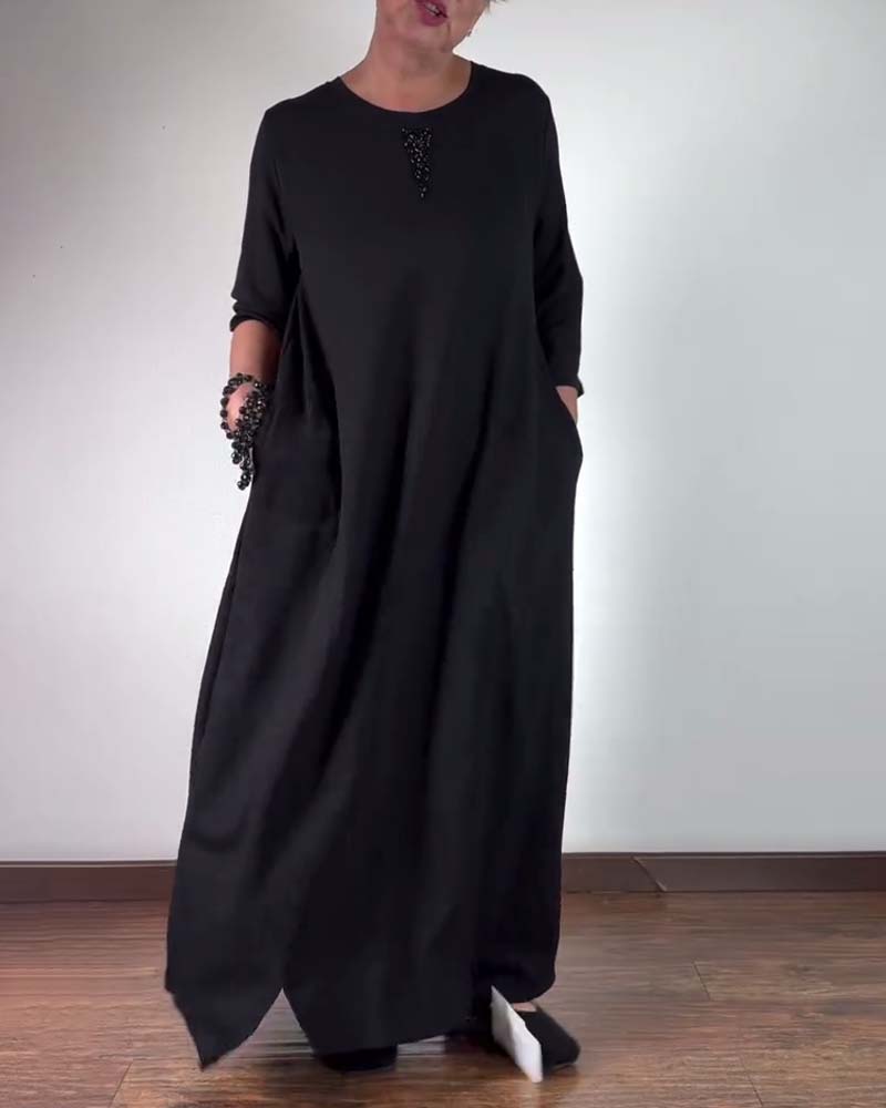 Solid color round neck loose dress