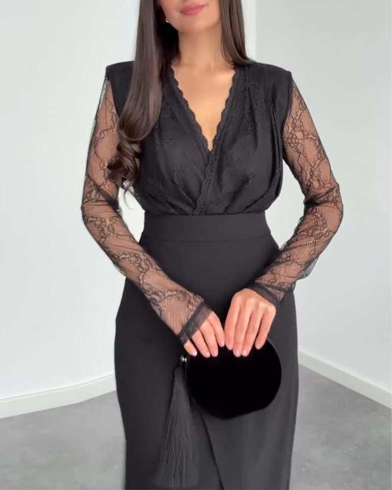 V-Neck Lace & Asymmetric Midi Skirt Set