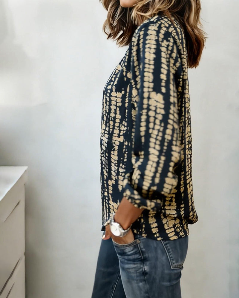 Stand-Collar Long-Sleeved Printed Top
