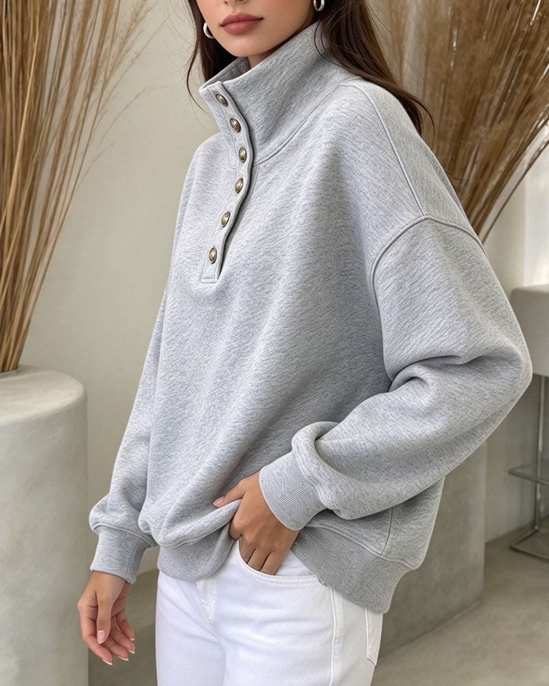 High Collar Buttoned Long Sleeve Sweatshirt