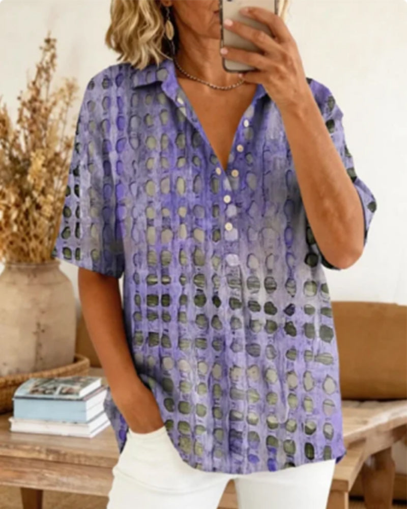 Polka Dot Print Button Half-Placket Blouse