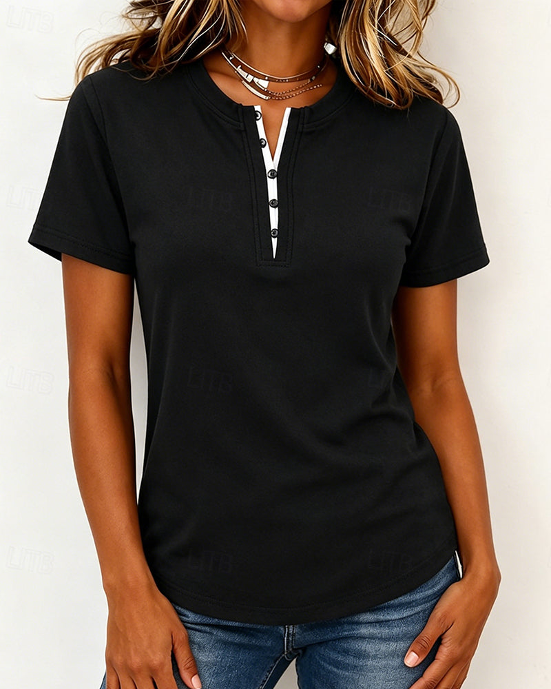 Contrast Collar Button V-Neck Solid T-Shirt