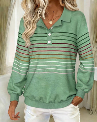 Polo Collar Long-Sleeved Striped Sweatshirt
