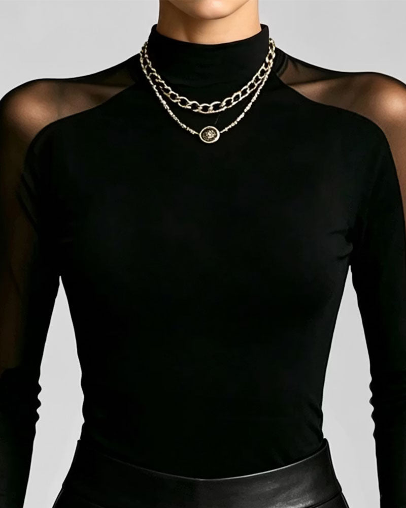 Sheer Mock Neck Slim-Fit Top