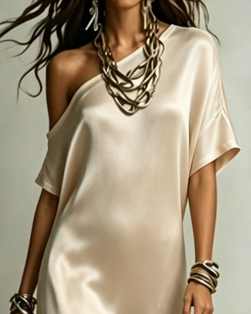 Satin One-Shoulder Slit Maxi Dress