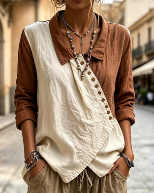 Patchwork Button Color-Block Shirt