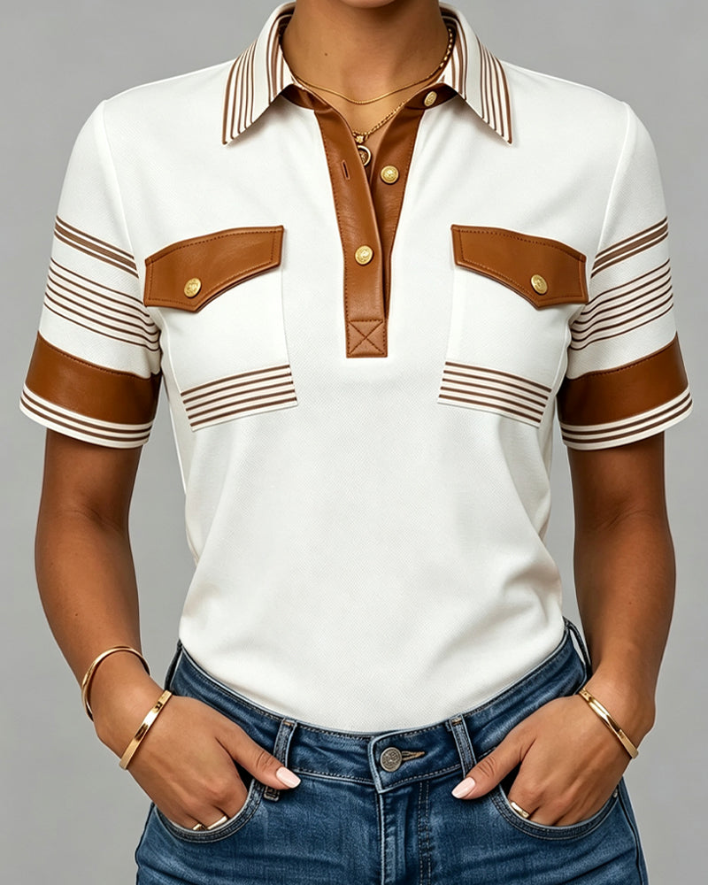 Lapel Button Striped Short Sleeve T-Shirt