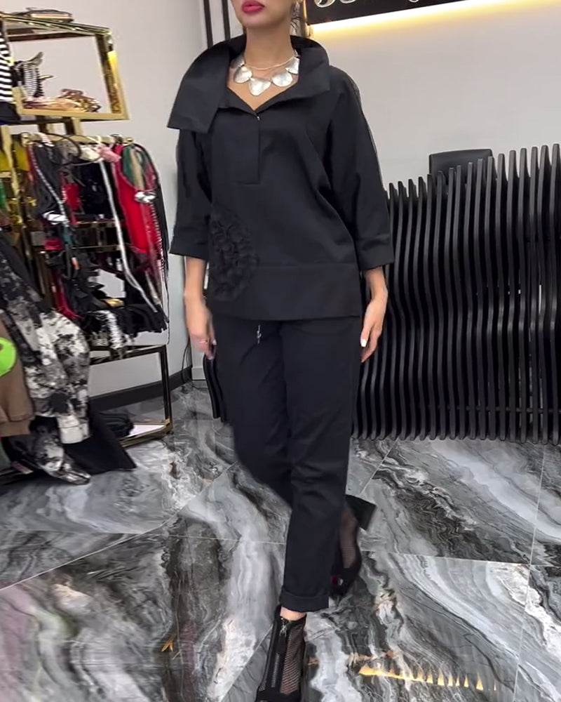 Lapel lace stitching flower blouse