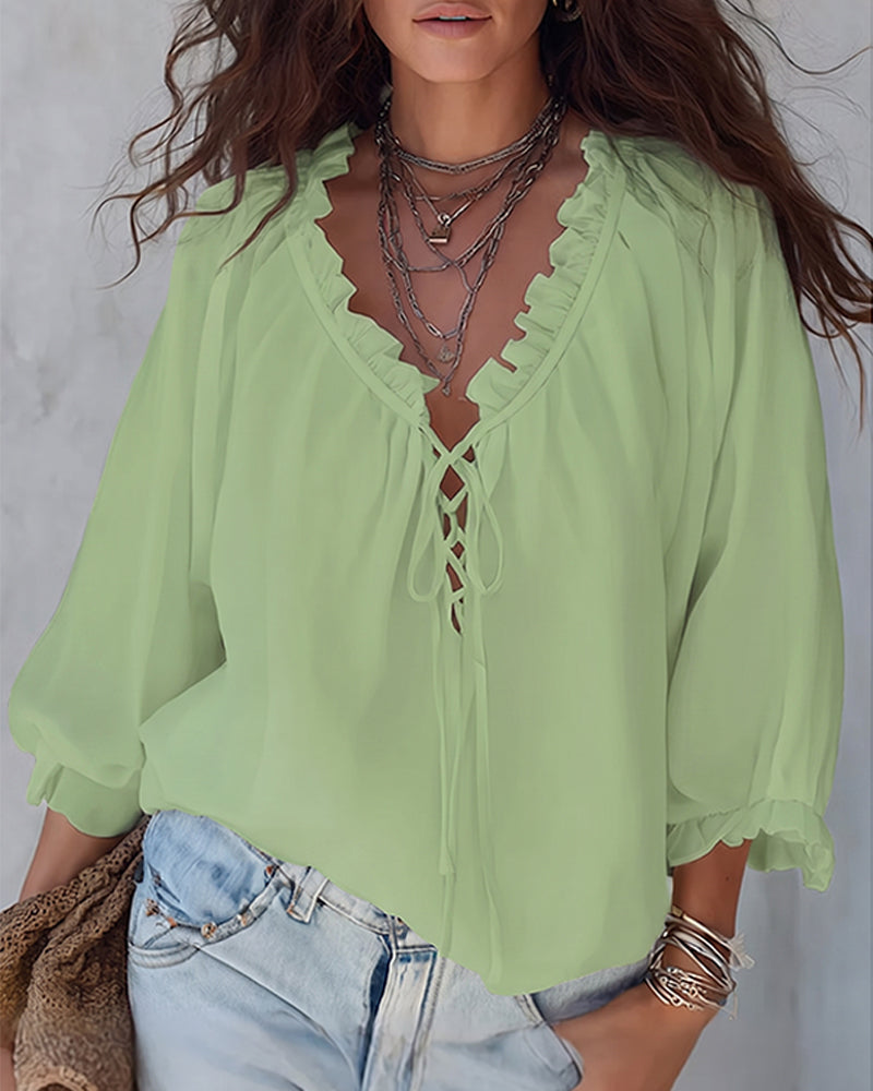 V-neck Lace Up Blouse