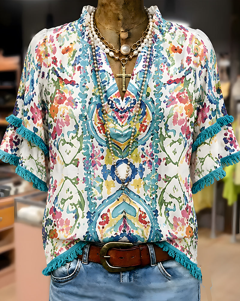 V-Neck Fringe Ruffle Ethnic Shirt