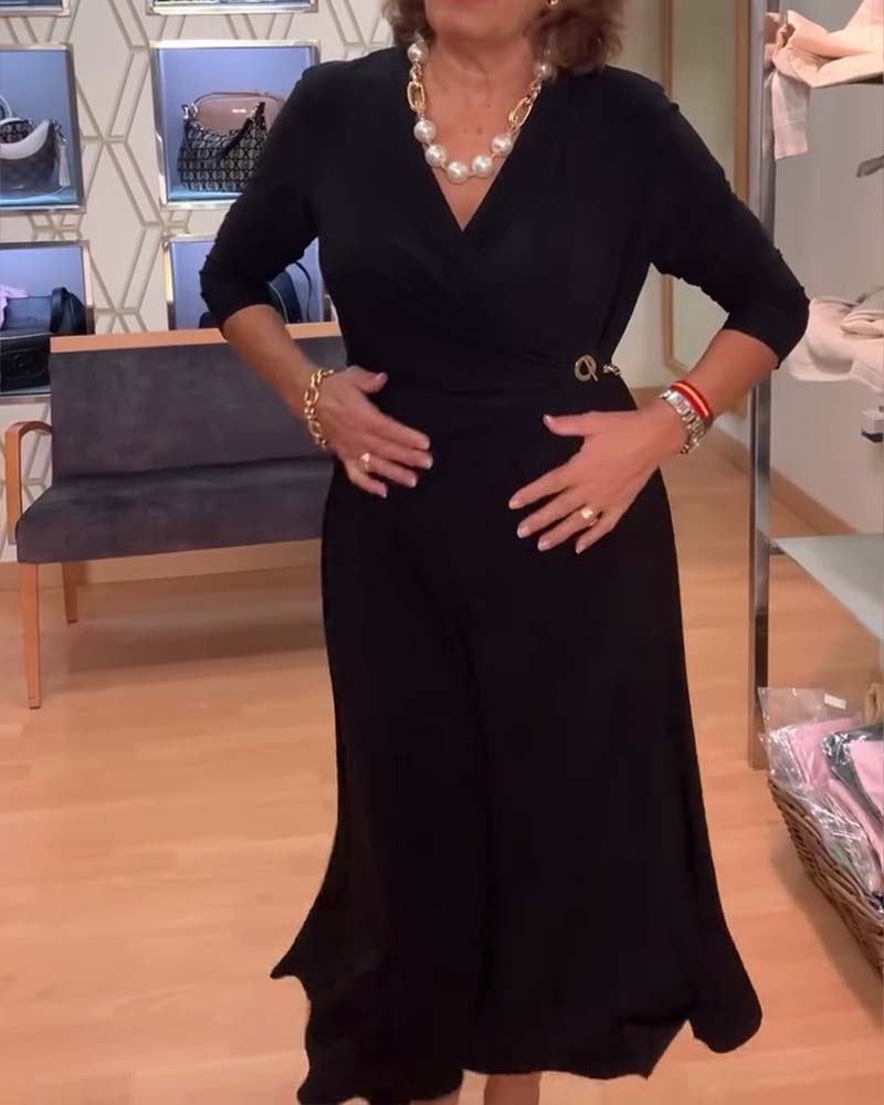 V-Neck Fitted Waist Slit Dress