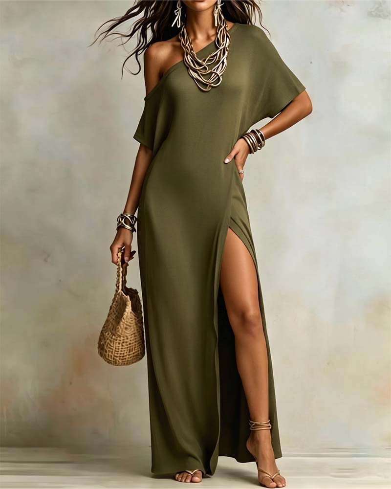 Slash Shoulder Slit Dress