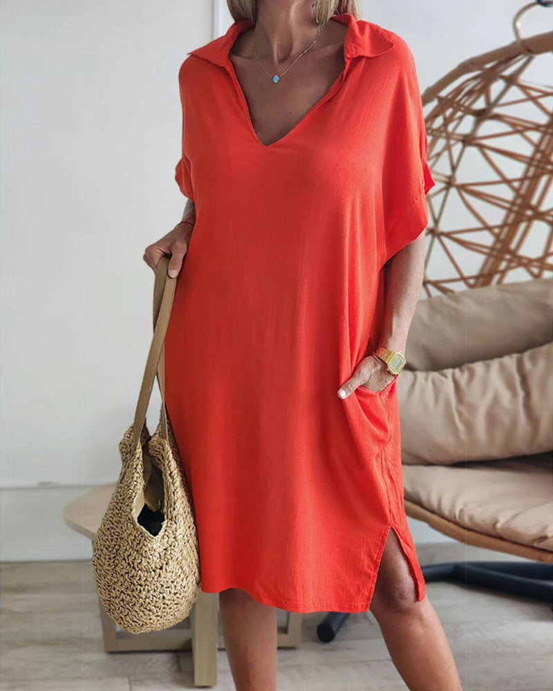 Solid color lapel dress with pockets