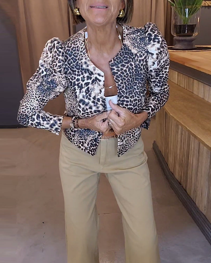 Leopard print puff sleeve casual jacket