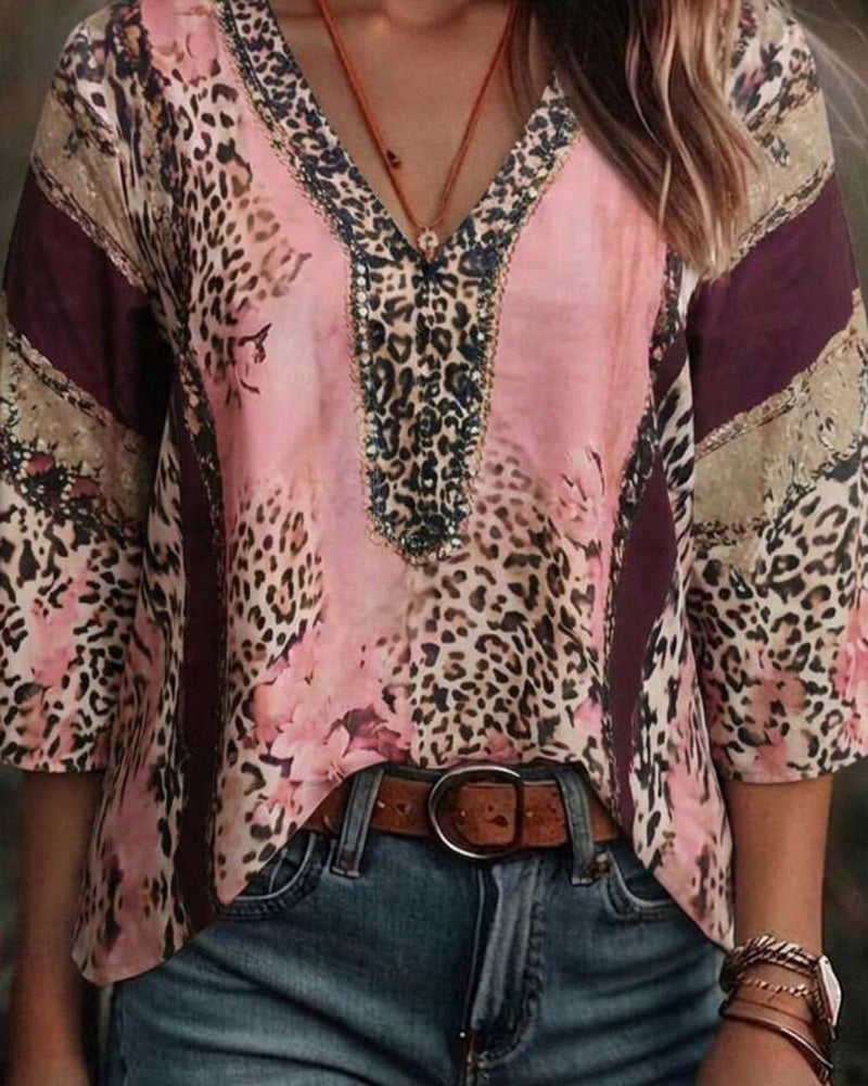 V-Neck Leopard Color-Block Blouse