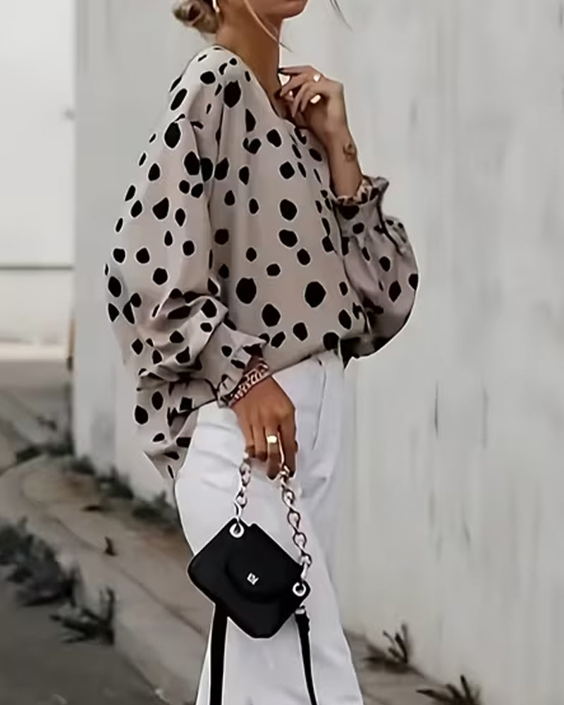 V-Neck Polka-Dot Puff Sleeve Blouse