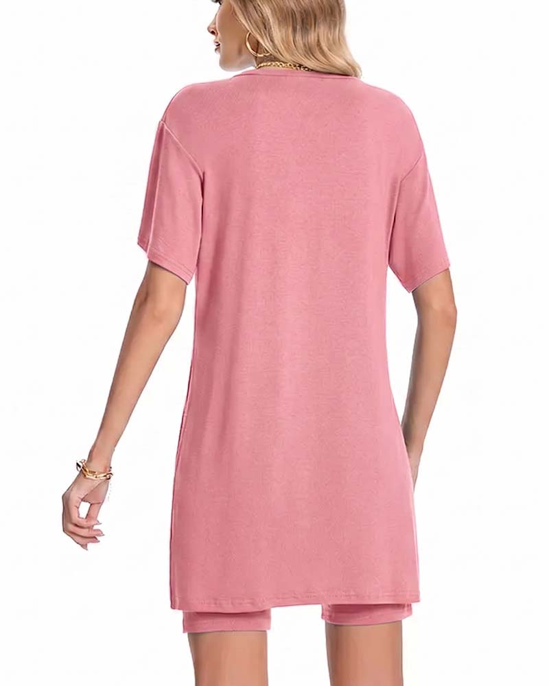 V-Neck Side Split Short Sleeve Set
