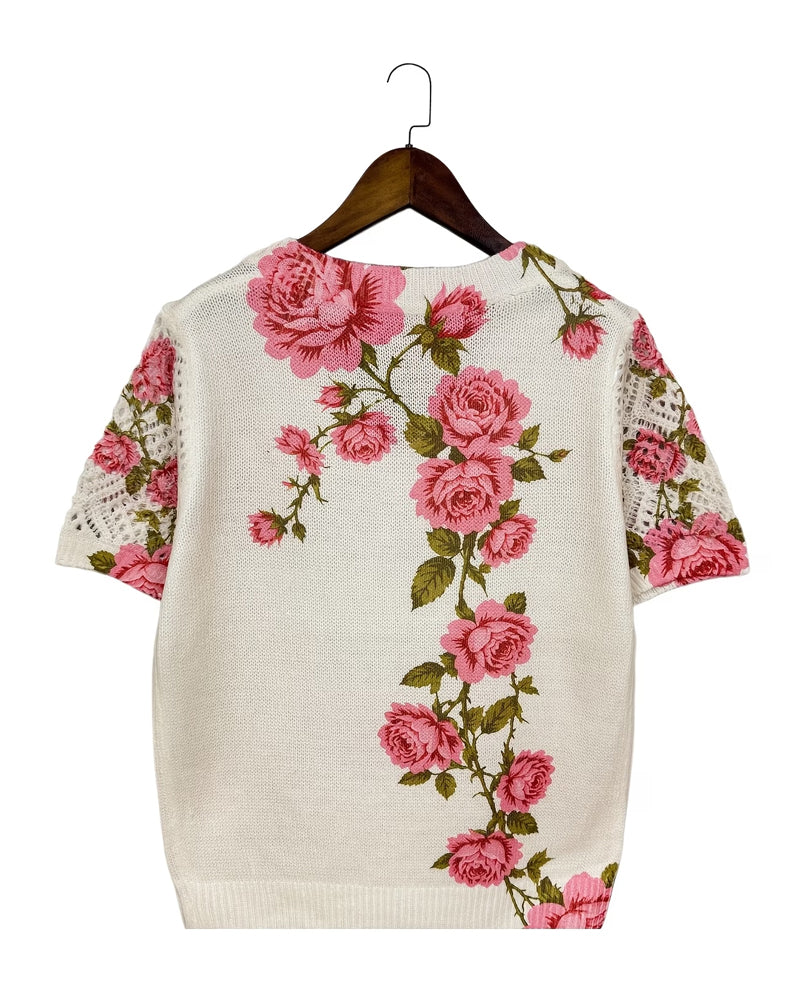 Printed Hollow V-Neck Pullover