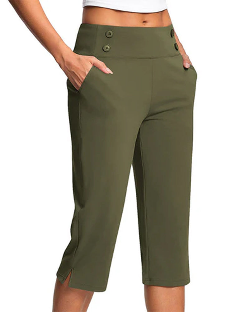 Button Waist-Cinched Slim Casual Pants