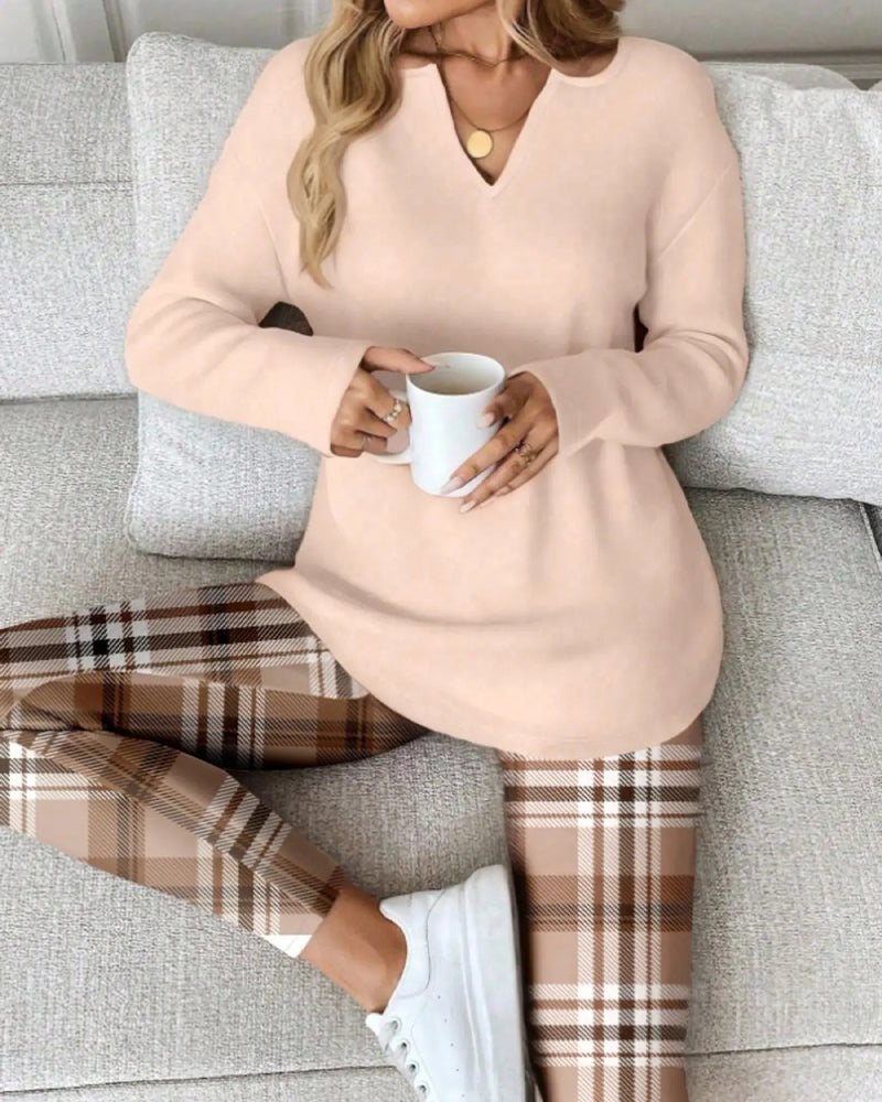 V-Neck Solid Top + Plaid Pants Loungewear Set