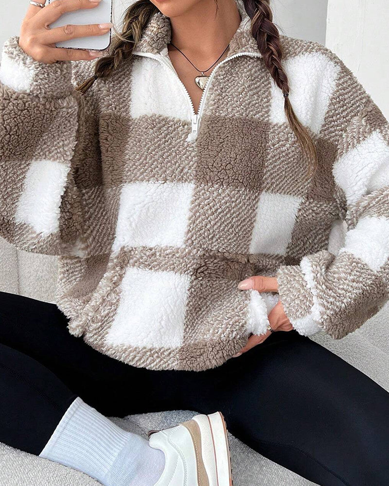 Half-Zip Stand Collar Plaid Sweatshirt