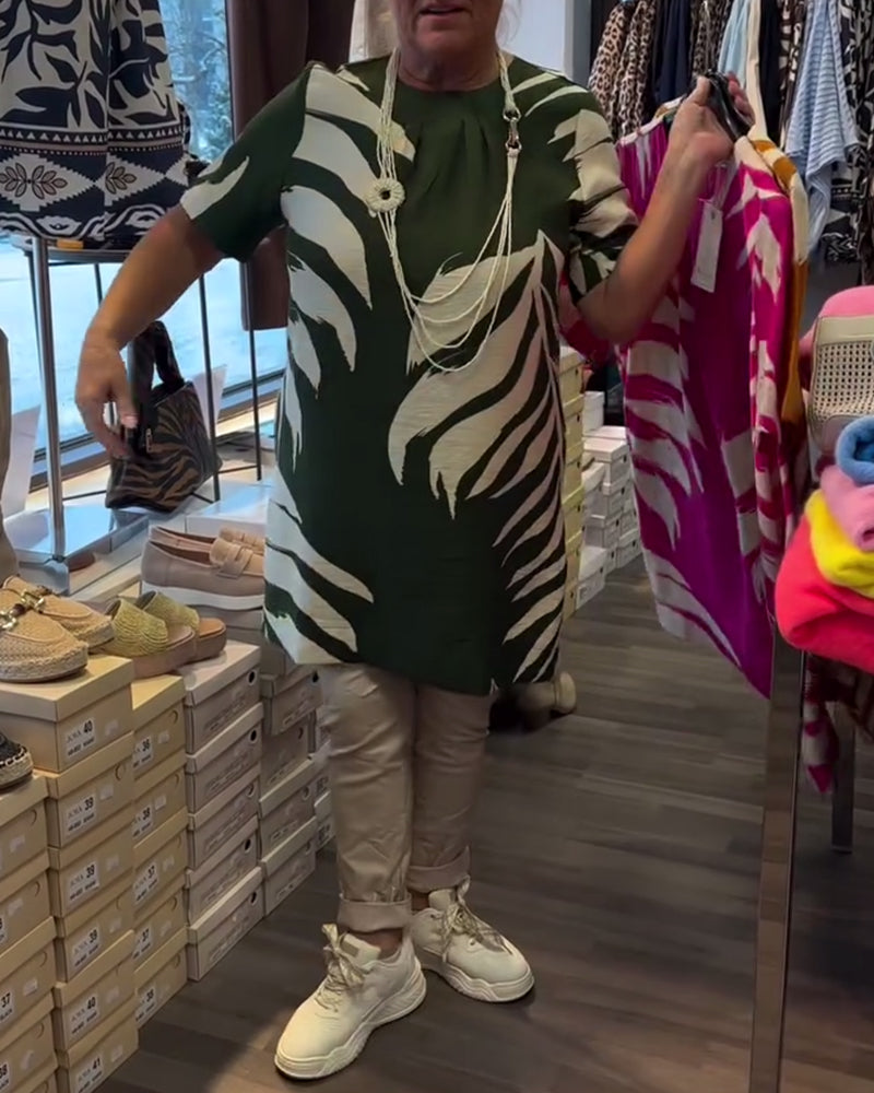 Leaf Print Short-Sleeve Dress