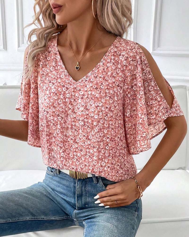 V-Neck Floral Off-Shoulder Flutter Sleeve Blouse