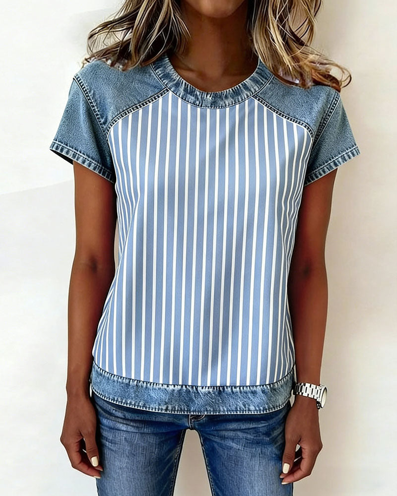 Denim Patchwork Striped Short Sleeve T-Shirt