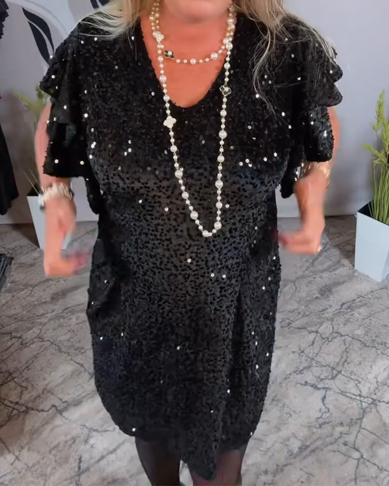 V-Neck Ruffle Sleeve Velvet Sequin Dress