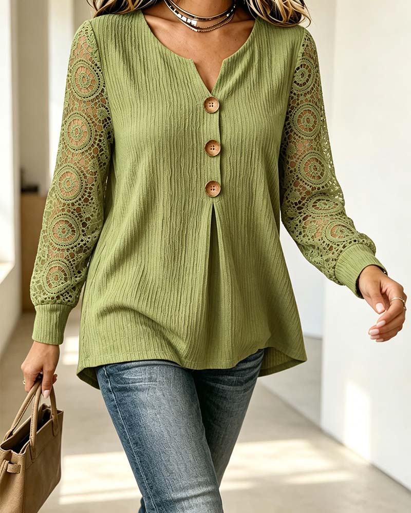 V-Neck Button-Down Long-Sleeved Blouse