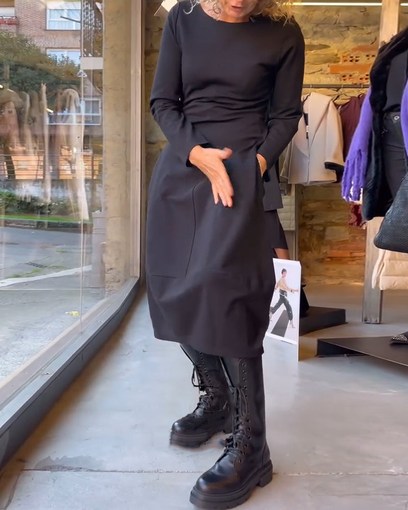 Solid color round neck A-line dress
