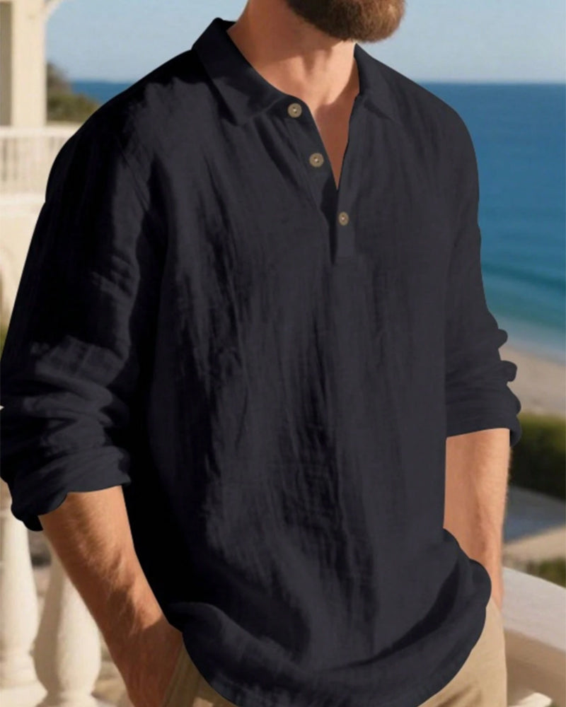 Men's Lightweight Loose Linen Long Sleeve Polo Shirt