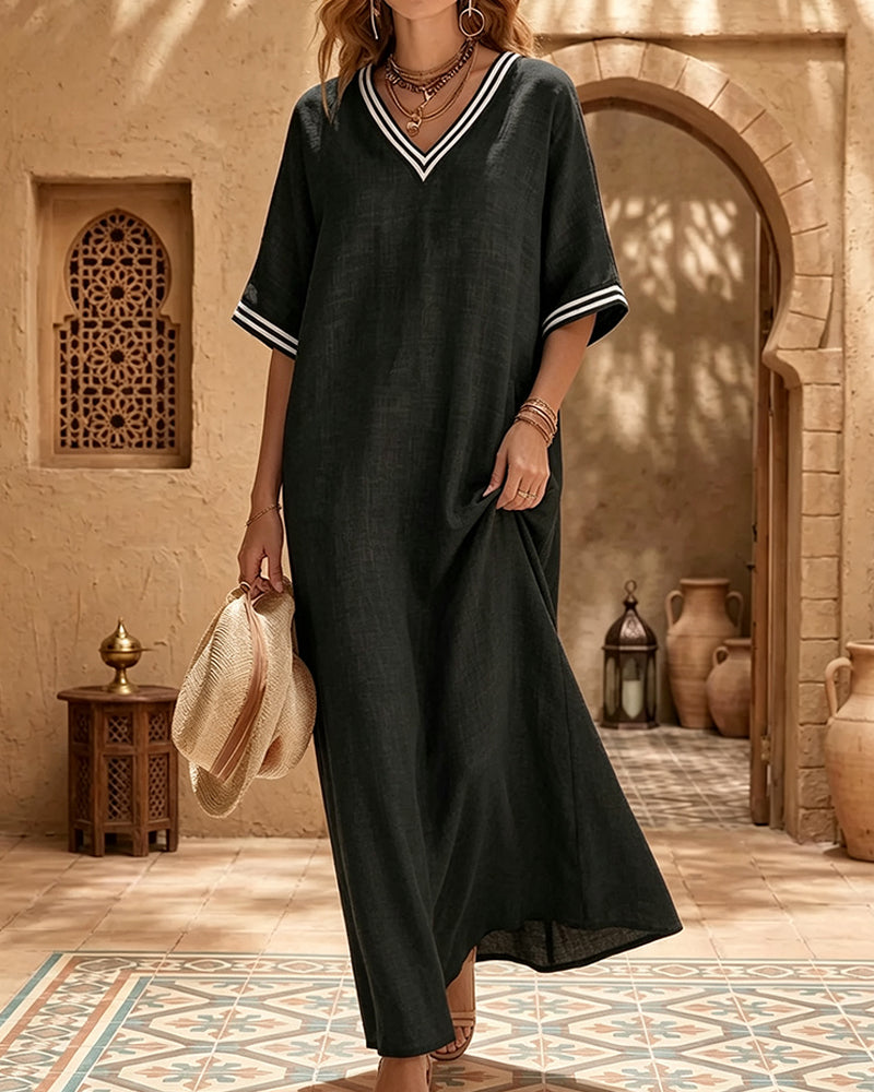 Striped V-Neck Pocket Contrast Dress