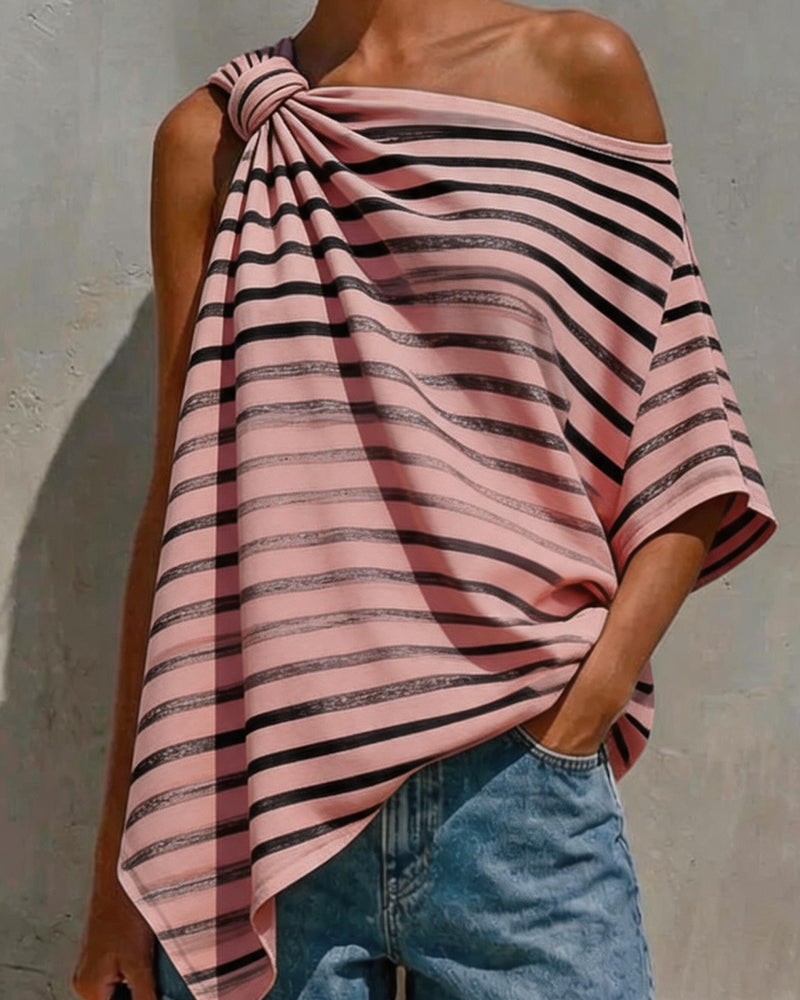 Striped One-Shoulder Twist Knot Blouse