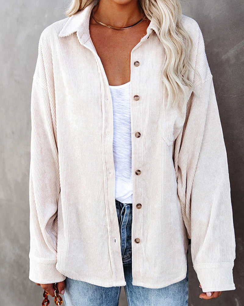 Solid Color Corduroy Pocket Blouse