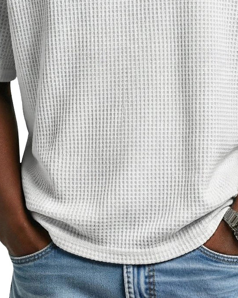 Men's Waffle V-Neck Tee, Solid Color Casual Short Sleeve Top