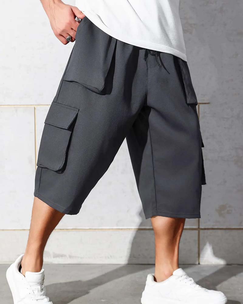 Elastic Waist Pocket Solid Color Cargo Pants