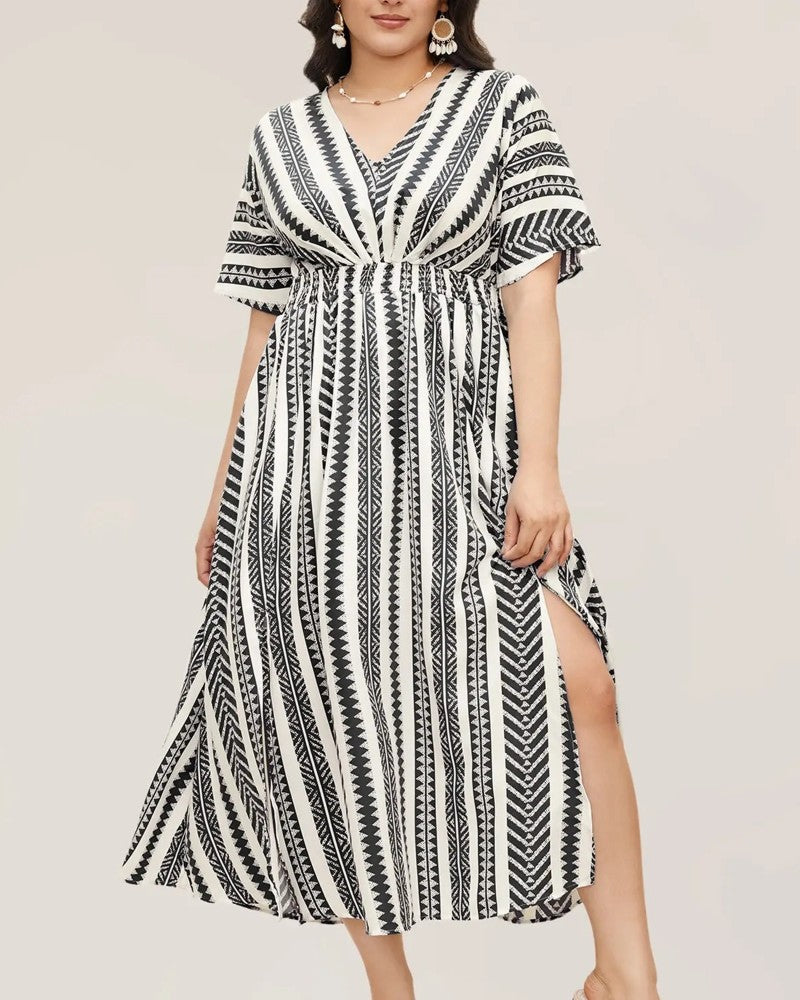 Deep V Blue White Geometric Stripe Waist Dress