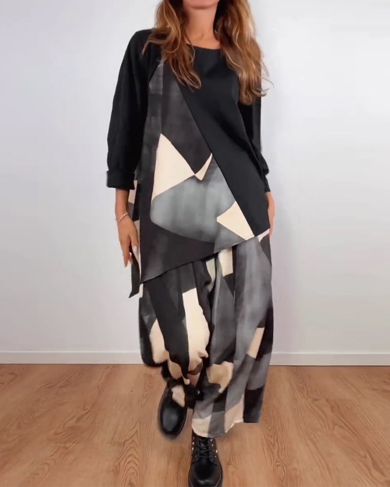 Casual Geometric Print Wide-Leg Pants Two-Piece Set
