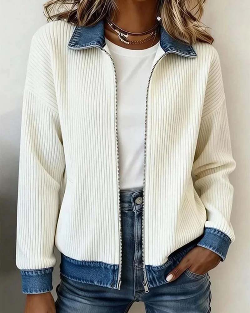 Lapel Zipper Denim Panel Coat