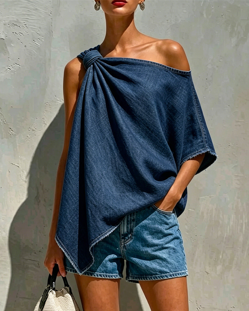 Denim Kink One Shoulder Blouse