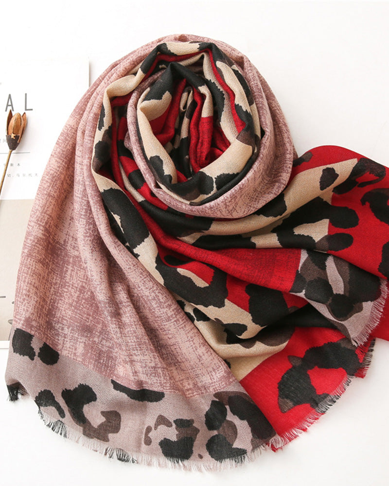 Women's Leopard Patchwork Print Fringe Shawl Scarf