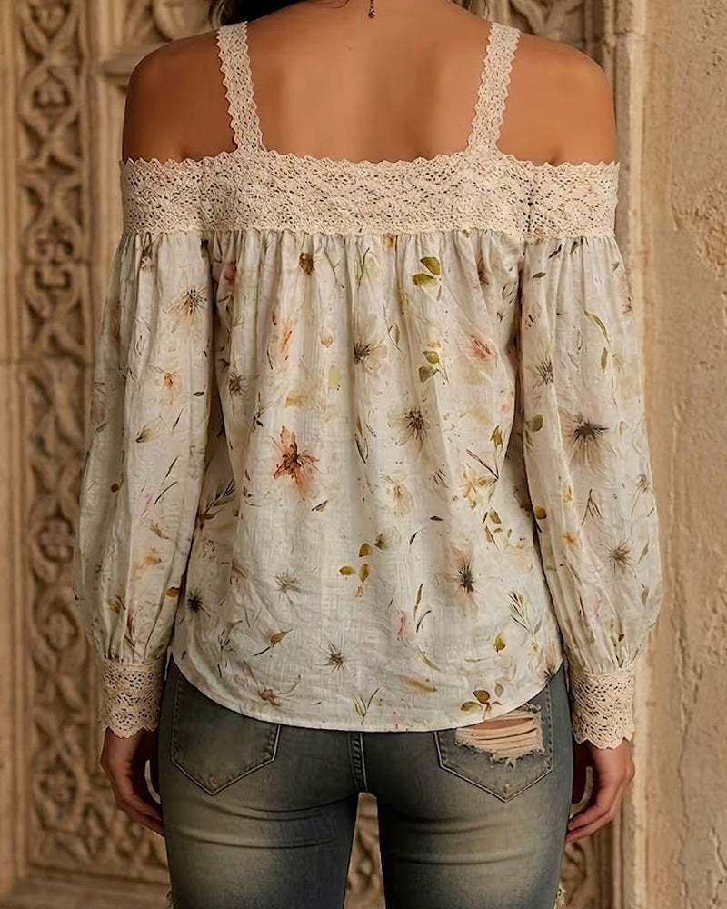 Floral Off-Shoulder Lace Cami Long Sleeve Blouse