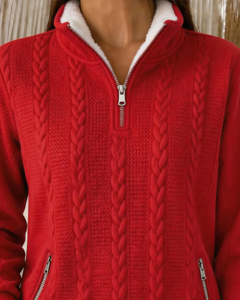 Cable Knit Fleece-Lined Half Zip Sweatshirt