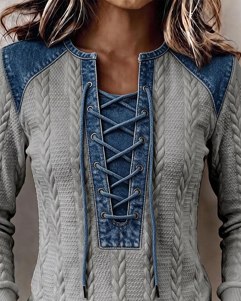 Tie Patchwork Casual Sweatshirt